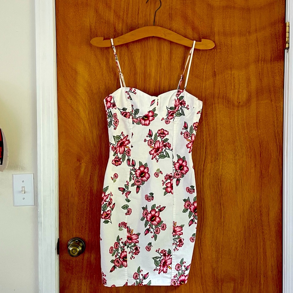Mini White Denim Bodycon Dress with Floral Print